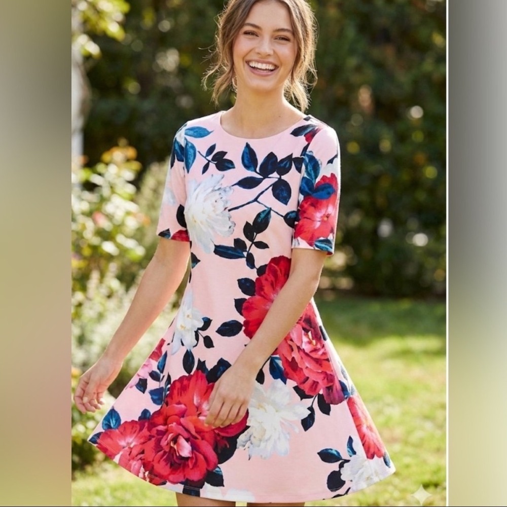CeCe by Cynthia Steffe Pink Floral Rose Print Short Sleeve‎ Shift Dress Large